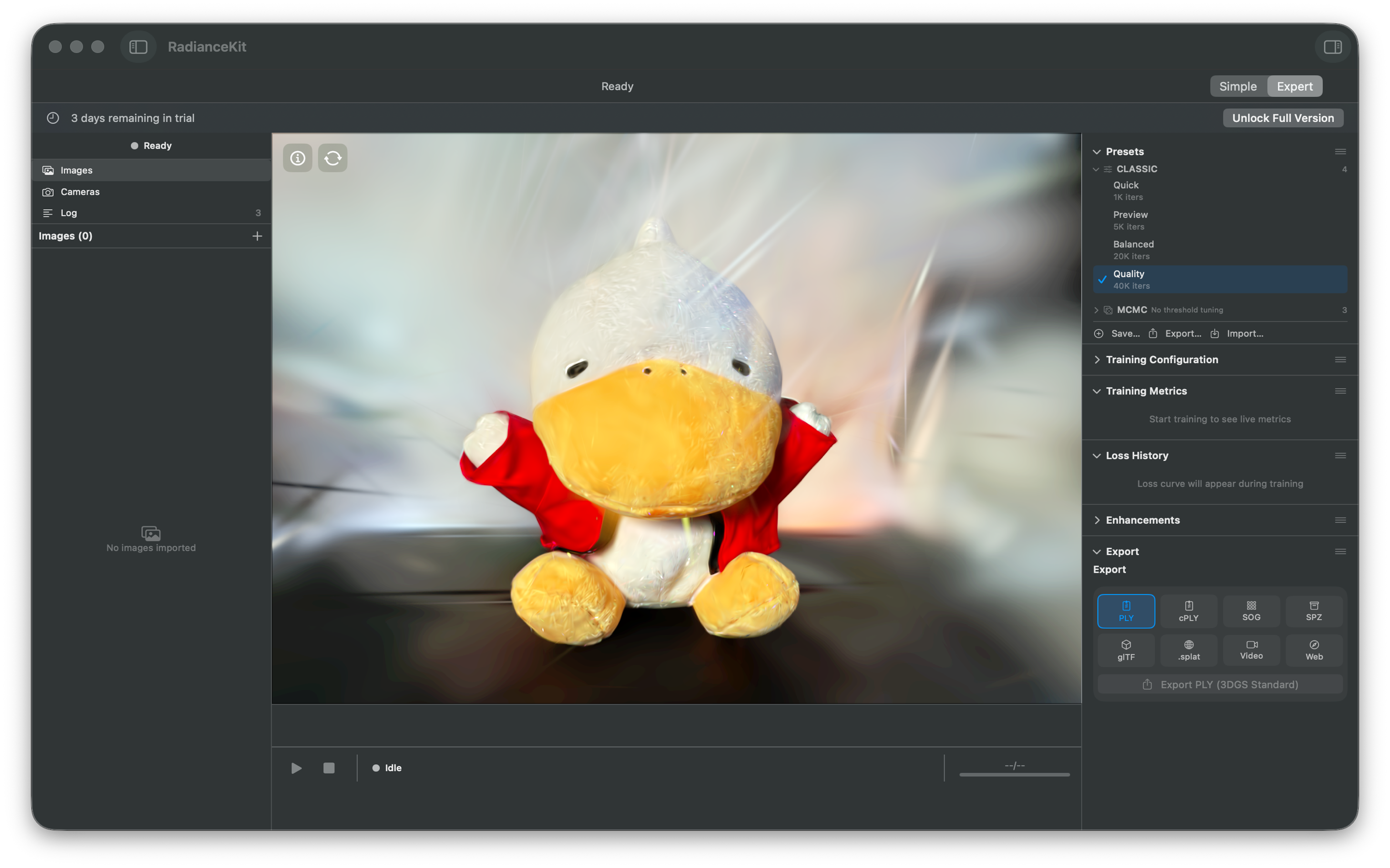 RadianceKit Expert Mode — 3D Gaussian Splatting training interface